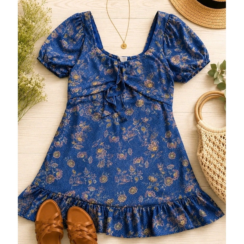 Blue Coastal Mini Dress Small Puff Sleeve Milkmaid Coquette Cottagecore Ruffle